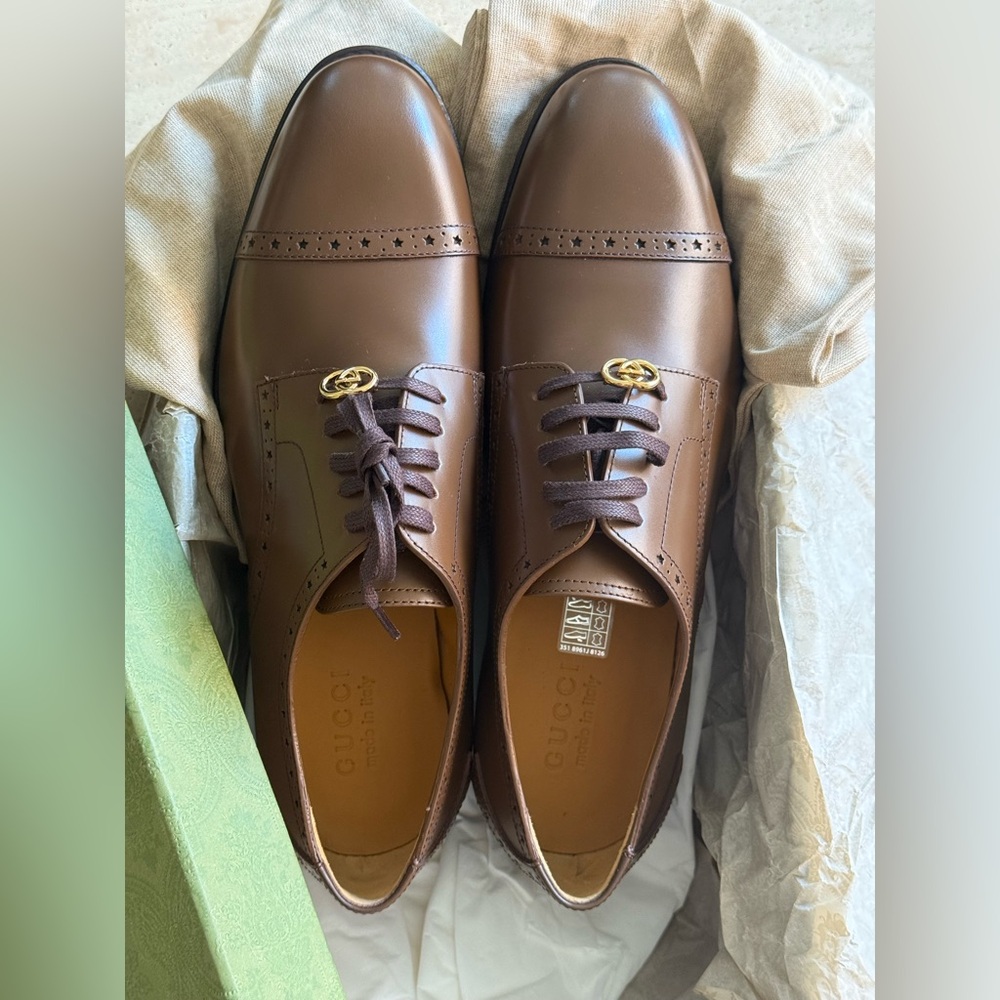 NWB GUCCI SHOES MENS ROOSTER BROGUE
BROWN LEATHER DURBY GUCCI SIZE/10 - Picture 15 of 16